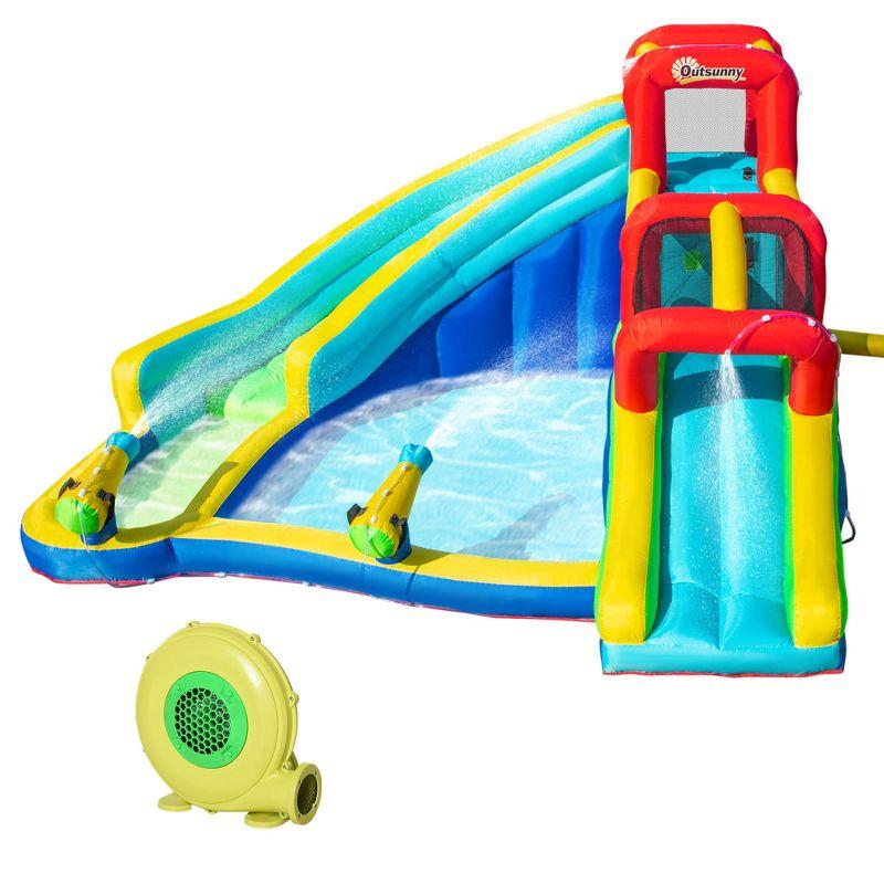 Outsunny 5-in-1 Inflatable Water Slide Kids Bounce House Water Park Includes Trampoline Slide Water Pool Cannon Climbing Wall with Carry Bag