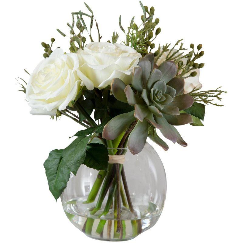 Cream Rose and Green Succulent Faux Arrangement in Glass Vase