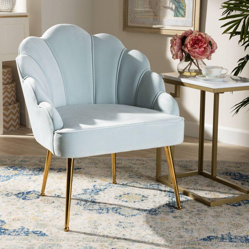 Seashell-Inspired Light Blue Velvet & Gold Accent Chair