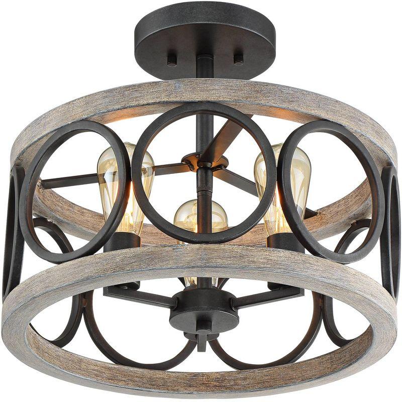 Franklin Iron Works Salima Rustic Farmhouse Ceiling Light Semi Flush Mount 16" Wide Black Gray Wood 3-Light for Bedroom Kitchen Living Room Hallway