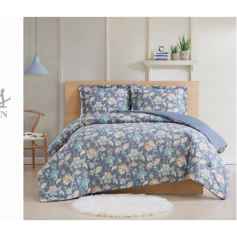 Slate Blue Floral King Comforter Set with Reversible Design