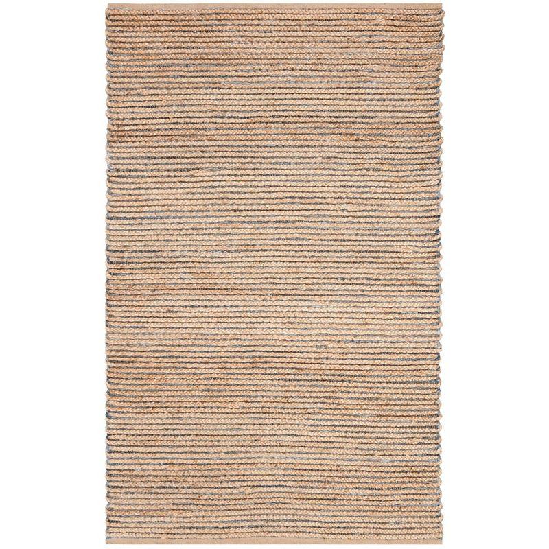 Natural and Blue Hand-Knotted Wool Rectangular Area Rug