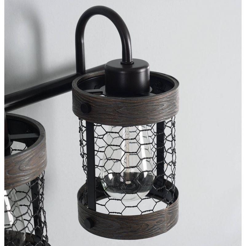 Co-t Kenroy Home Industrial Farmhouse 3-Light Bath Vanity Fixture With Chicken Wire Mesh Shades & Distressed Wood Accents