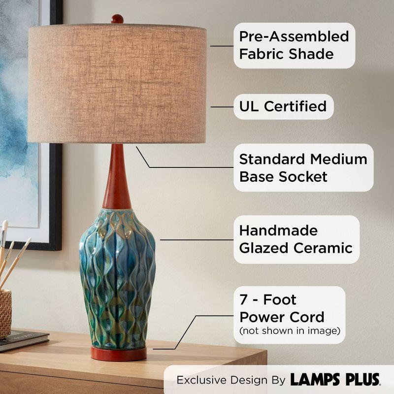 360 Lighting Rocco Modern Mid Century Table Lamp 30" Tall Blue Teal Glaze Ceramic Linen Drum Shade for Bedroom Living Room Bedside Nightstand Office