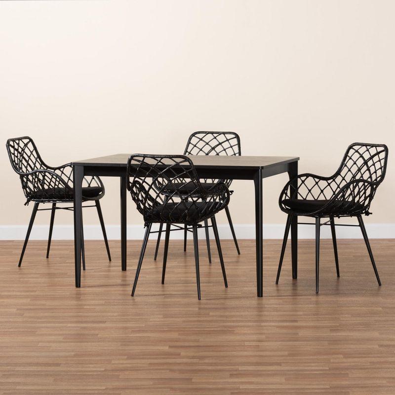 Black Wood and Rattan 5-Piece Dining Set with Cushions