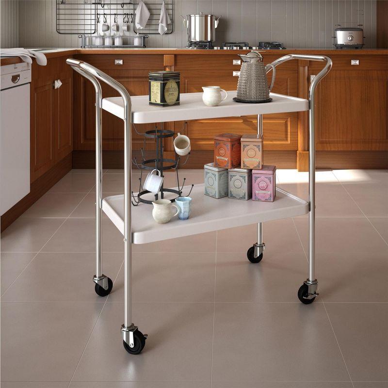 Retro High Gloss White & Silver 2-Tier Mobile Serving Cart