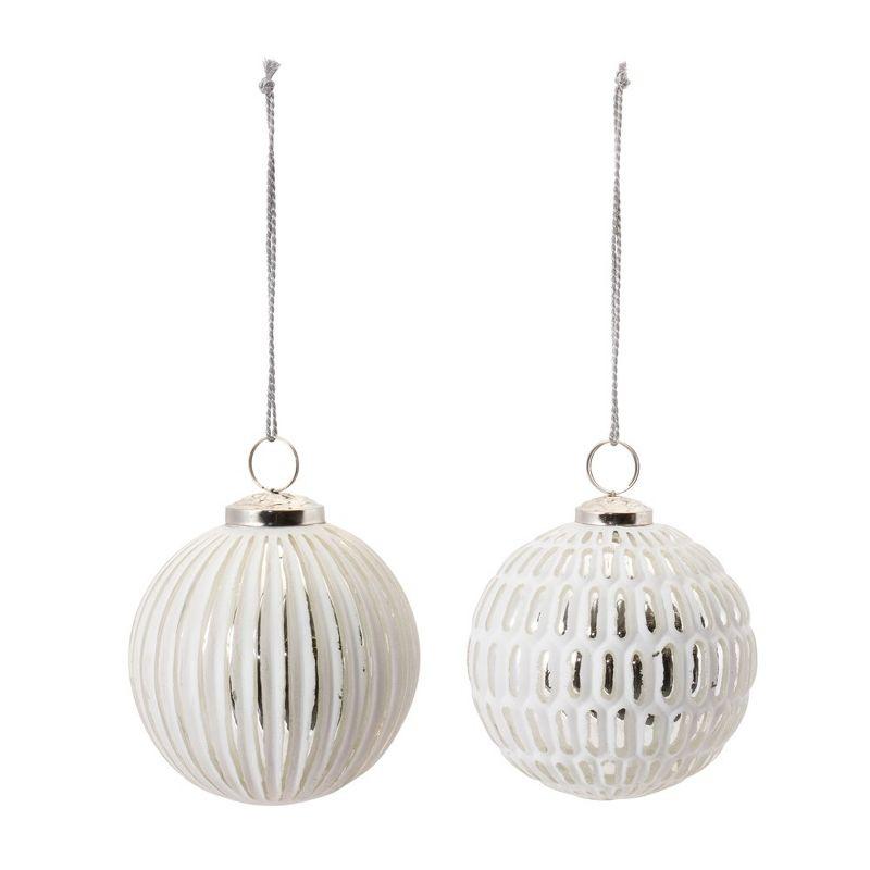 Melrose Frosted White and Silver Glass Ball Ornaments Set of 6