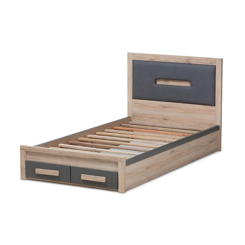 Baxton Studio Twin Pandora Modern and Contemporary Two Tone 2 Drawer Size Storage Platform Bed Dark Gray/Natural: Upholstered Headboard