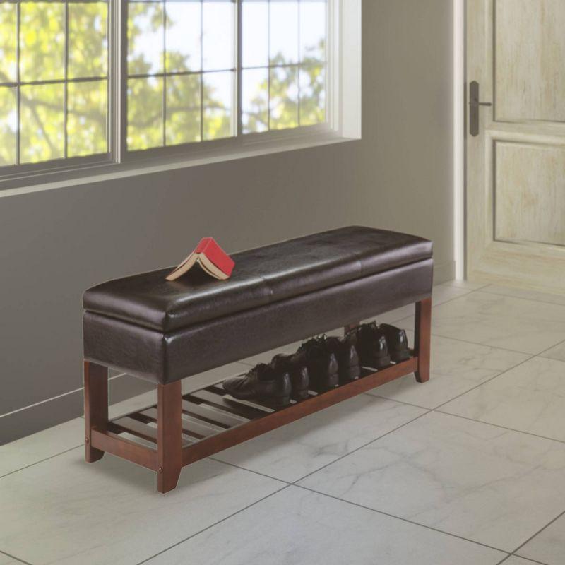 Transitional Monza Bench with Cushioned Faux Leather Seat and Storage, Walnut