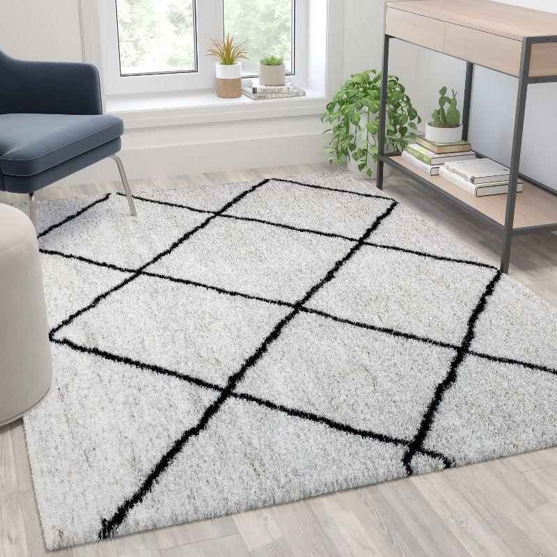 Ivory and Black Diamond Trellis Shag Rug, 5' x 7'