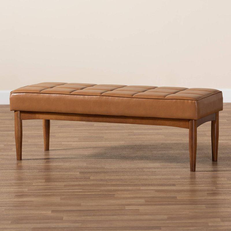 Sanford Tan Wood Dining Ottoman Walnut Brown - Baxton Studio: Faux Leather, Biscuit Tufted, Tapered Legs