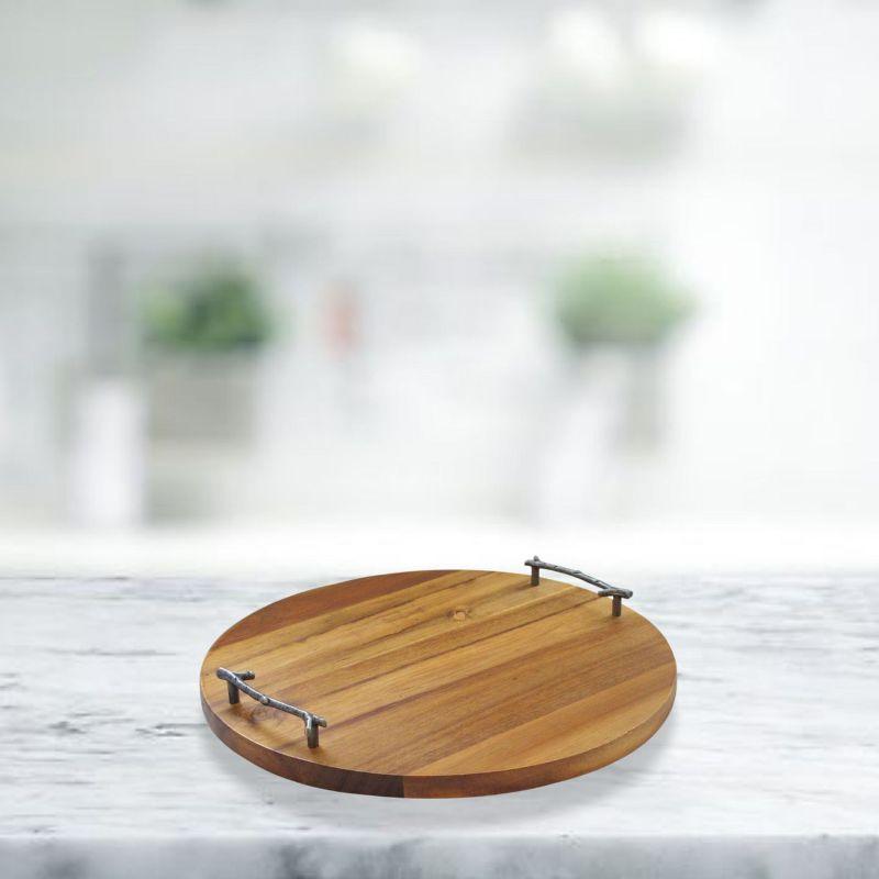 American Atelier Round Wooden Tray, Natural Finish Metal Twig Designed Handles, Great Centerpiece & Gift Idea,14.9"