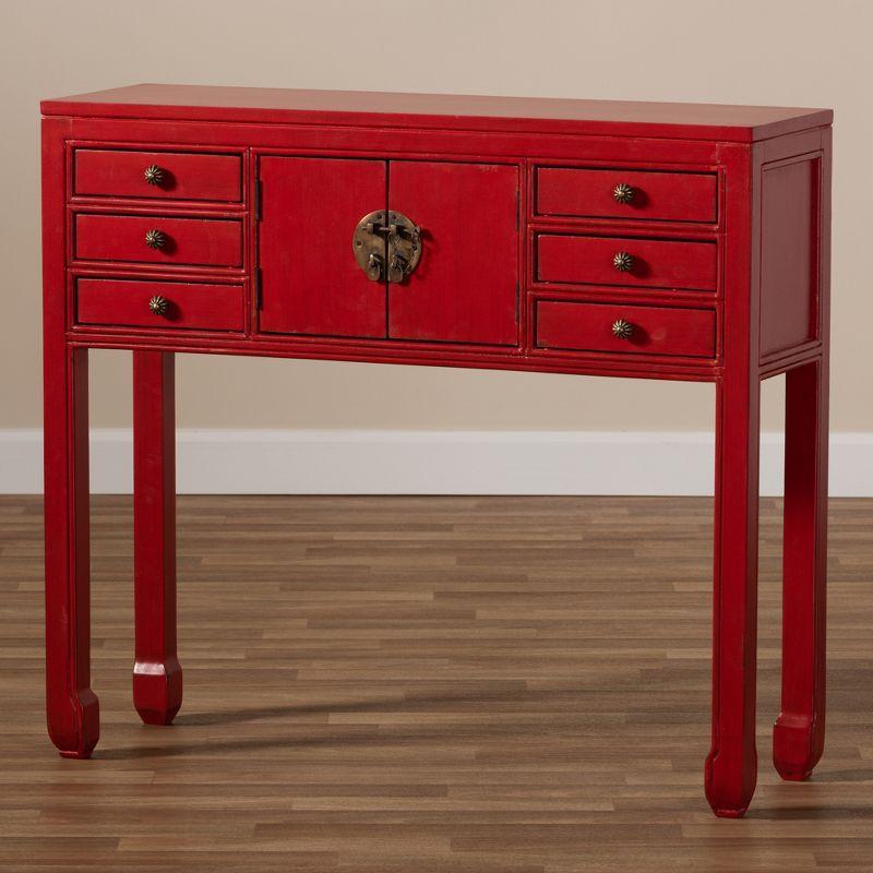 Melodie 6 Drawer Console Table Red - Baxton Studio: Antique-Inspired, Bayur Wood, Bronze Handles