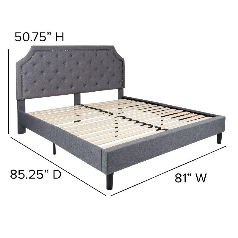 Elegant King-Sized Light Gray Upholstered Platform Bed with Nailhead Trim