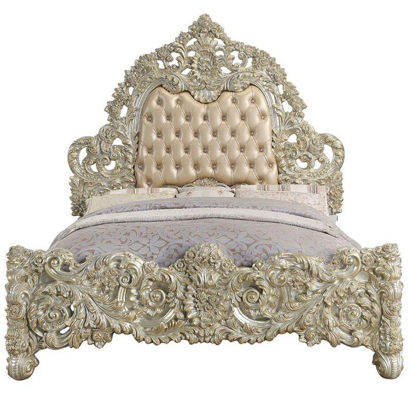 Sorina King Bed with Antique Gold Finish and Tufted Upholstered Headboard