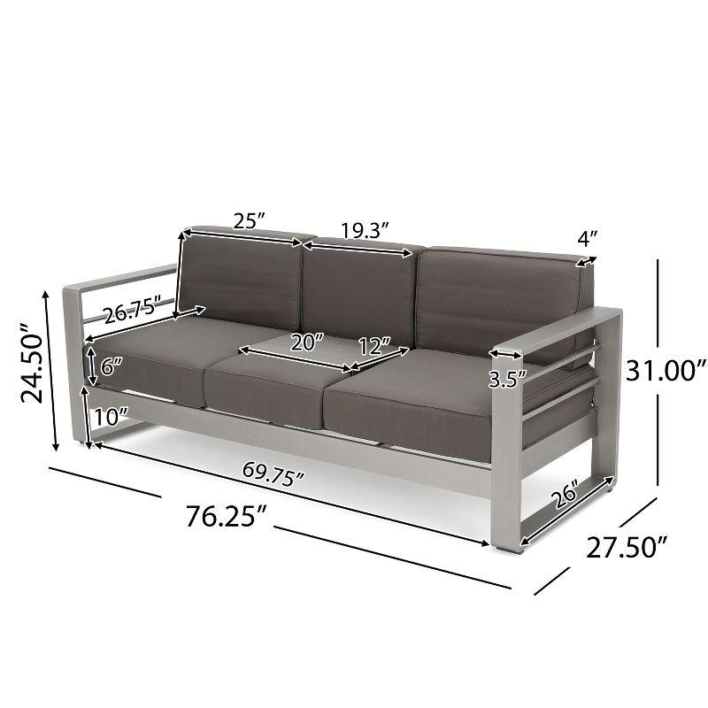 GDFStudio William Outdoor Aluminum 3 Seater Loveseat Sofa with Tray, Silver/Light Gray