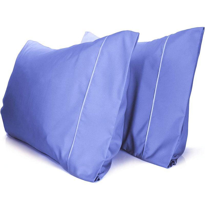 Violet Blue Satin Trim Cotton Queen Pillowcase Set