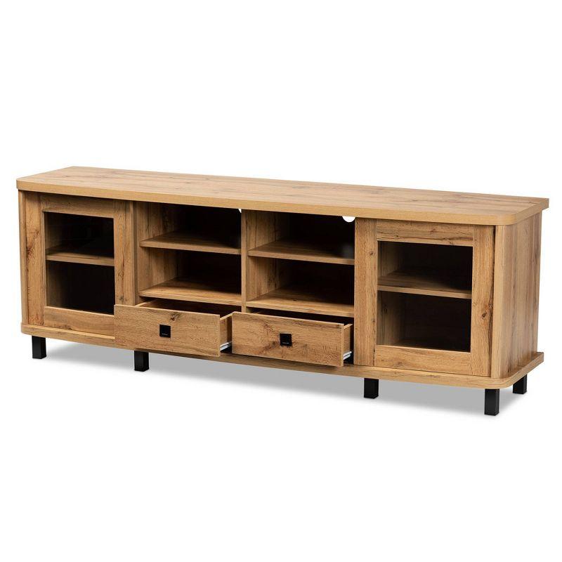 Oak Brown Wood TV Stand with Glass Doors and Drawers