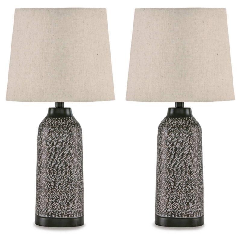 Antique Bronze Hammered Metal Table Lamp Set with Linen Shades