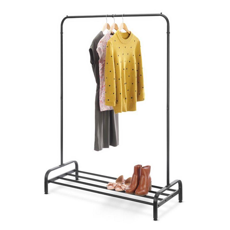 Whitmor Black Steel Garment Rack with Shelf and Anti-Slip Stoppers