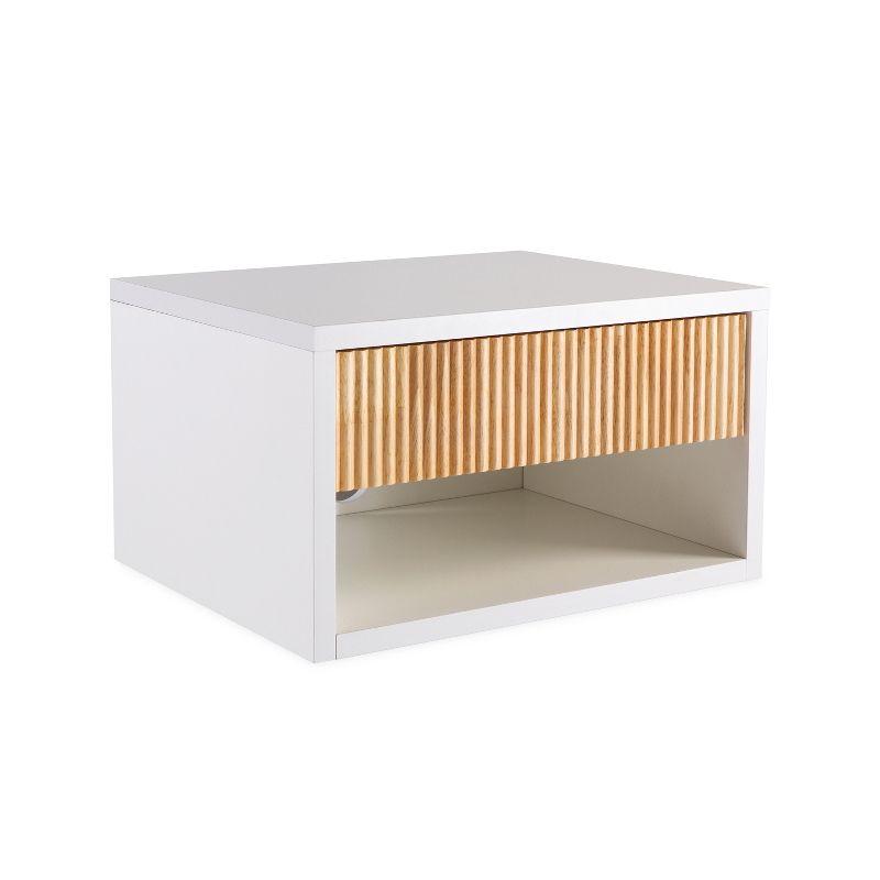 White MDF Floating Nightstand with Rattan Drawer