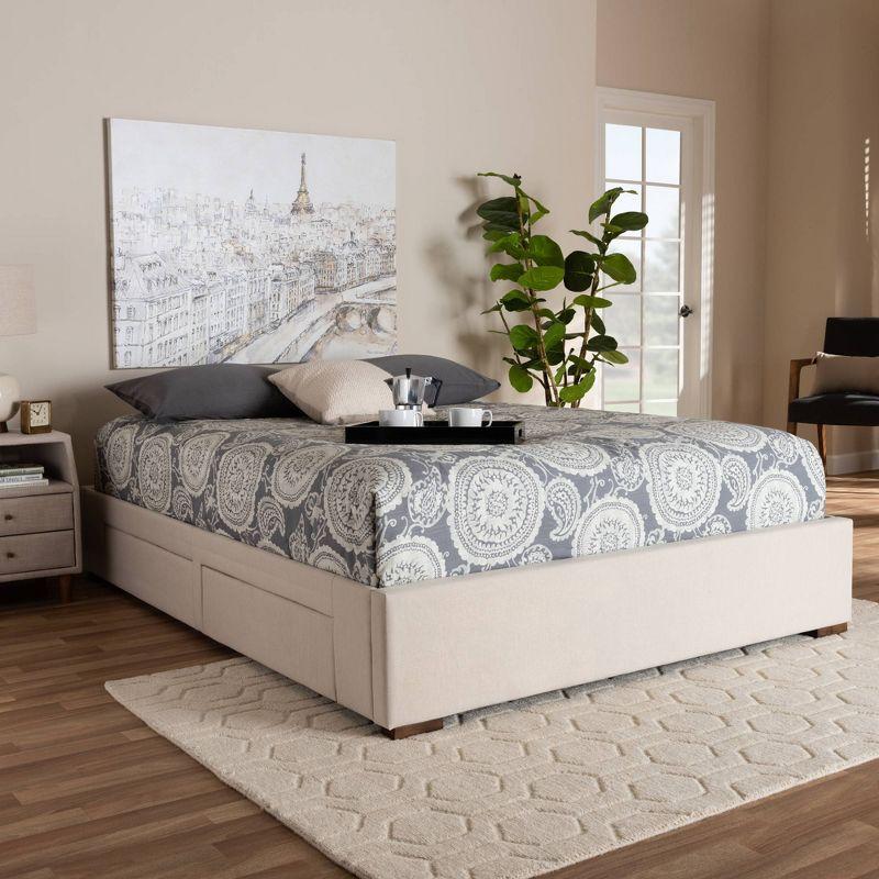 King Leni Bed Frame Beige - Baxton Studio: Storage Drawers, Polyester Upholstery, No Box Spring Required
