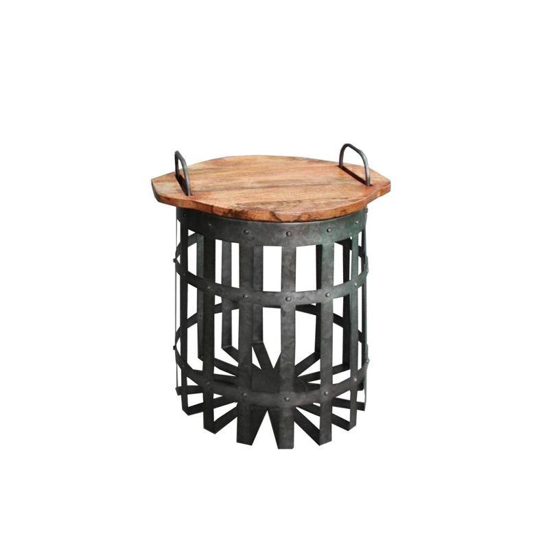 Benzara Set of 2 Industrial Grid Galvanized Accent End Table with Round Lid and Handles Accent Tables Gray/Brown
