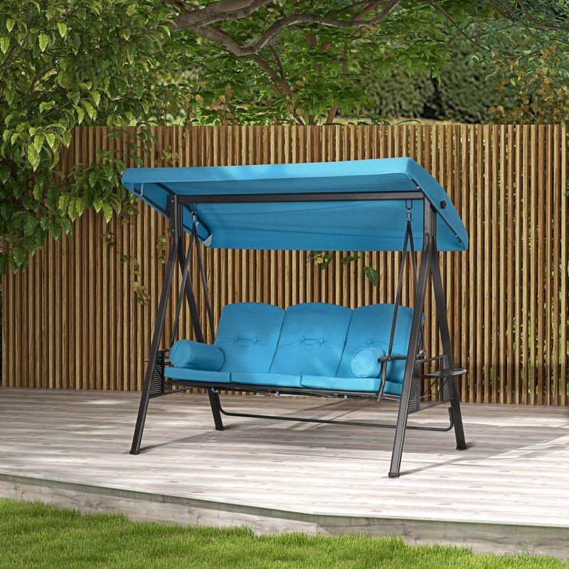 Outsunny 3-Seat Outdoor Patio Swing with Adjustable Tilt Canopy, Cushions, Pillow, Steel Frame, Side Tray, Cup Holder, Blue