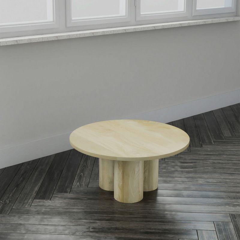 The Urban Port Hazel Coffee Table with 3 Pillar Legs, 35.5 Inch Round Top, Natural Brown Mango Wood
