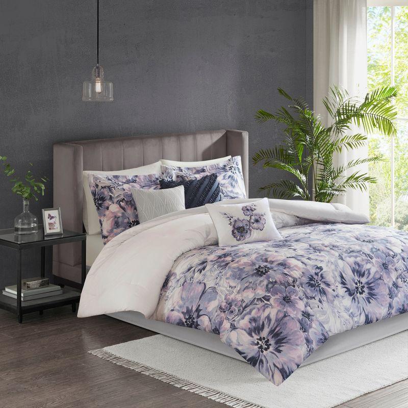 Purple Floral Cotton Queen 7-Piece Comforter Set