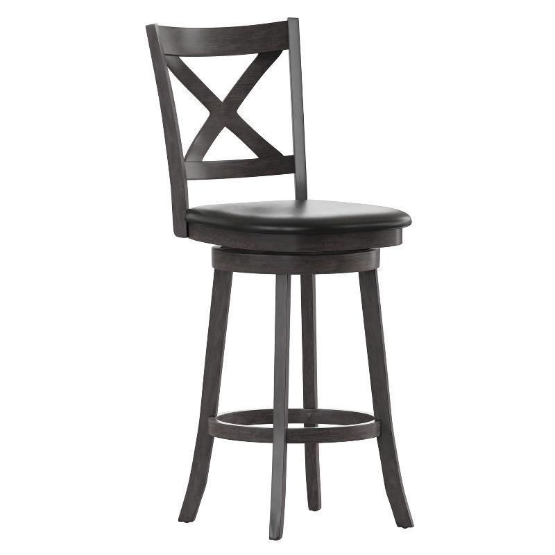 Merrick Lane 30" Gray Wash Walnut Classic Wooden Crossback Swivel Bar Height Pub Stool with Black Faux Leather Padded Seat and Integrated Footrest