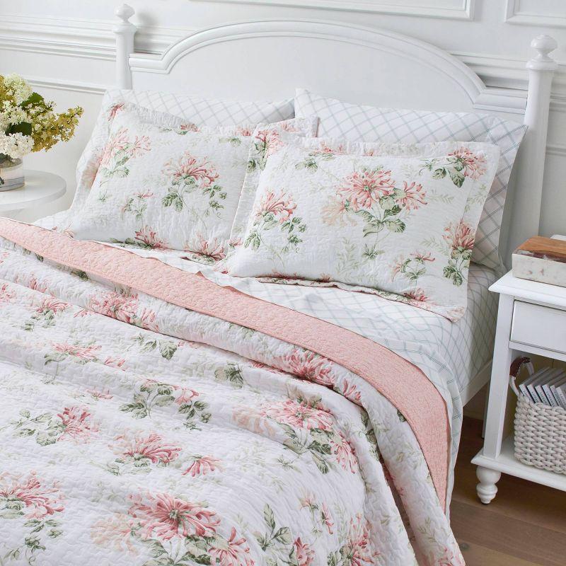 Laura Ashley Honeysuckle Cotton Reversible Pink Quilt Set