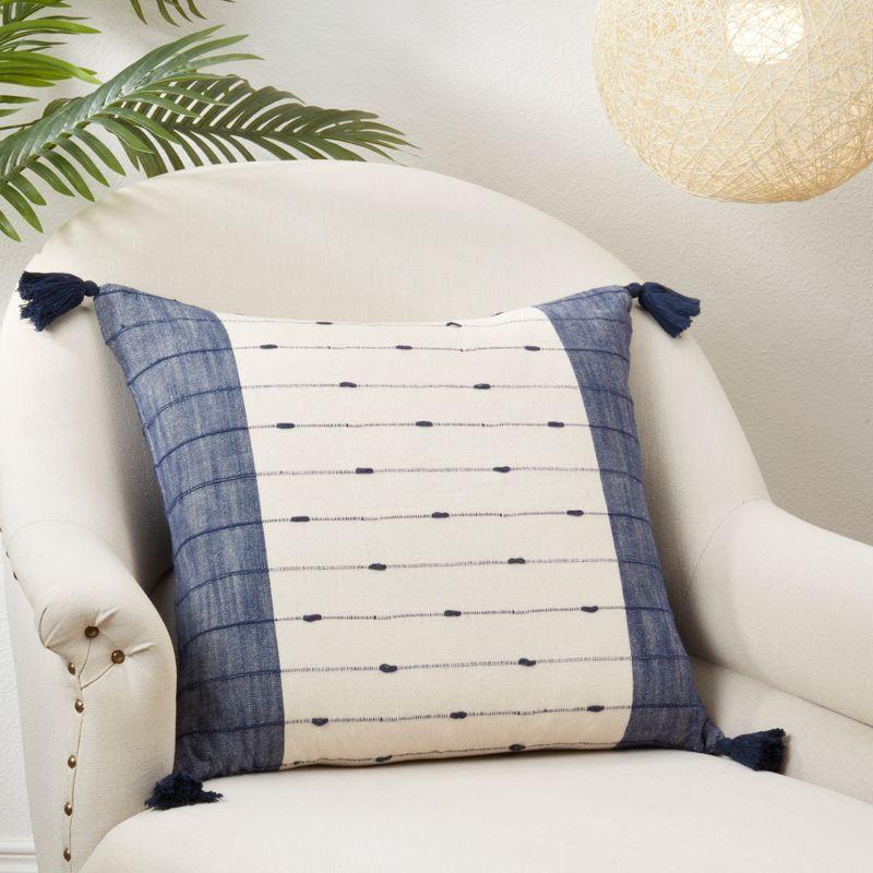 20" Square Blue and White Cotton Tassel Throw Pillow