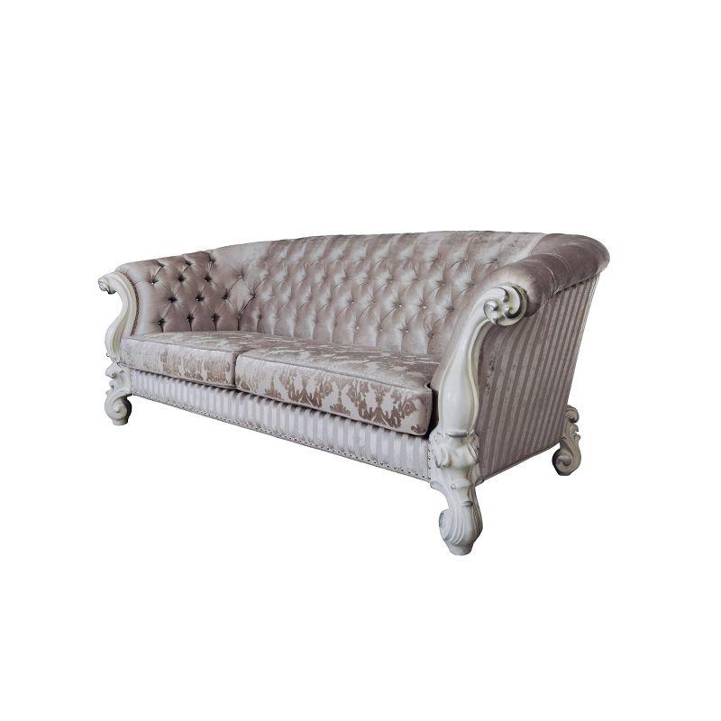 99" Versailles Sofa Ivory Fabric and Bone White Finish - Acme Furniture: Crescent-Shaped, Nailhead Trim, No Assembly Required