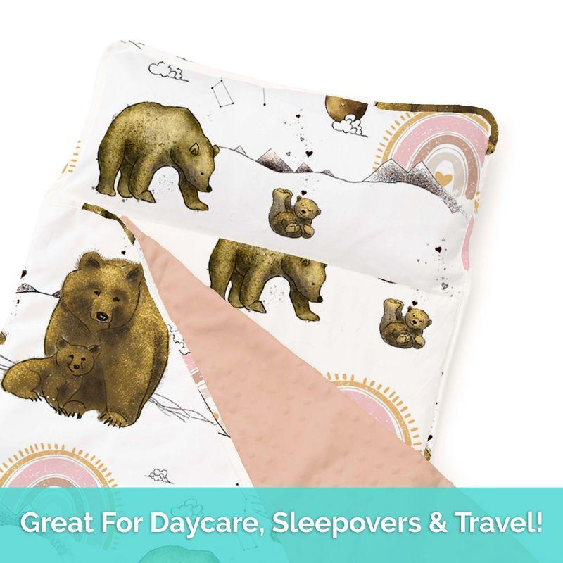 Extra Long Toddler Nap Mat - Sleeping Bag for Kids with Removable Pillow and Ultra Soft Blanket for Preschool, Daycare, and Sleepovers - Rainbow Bears