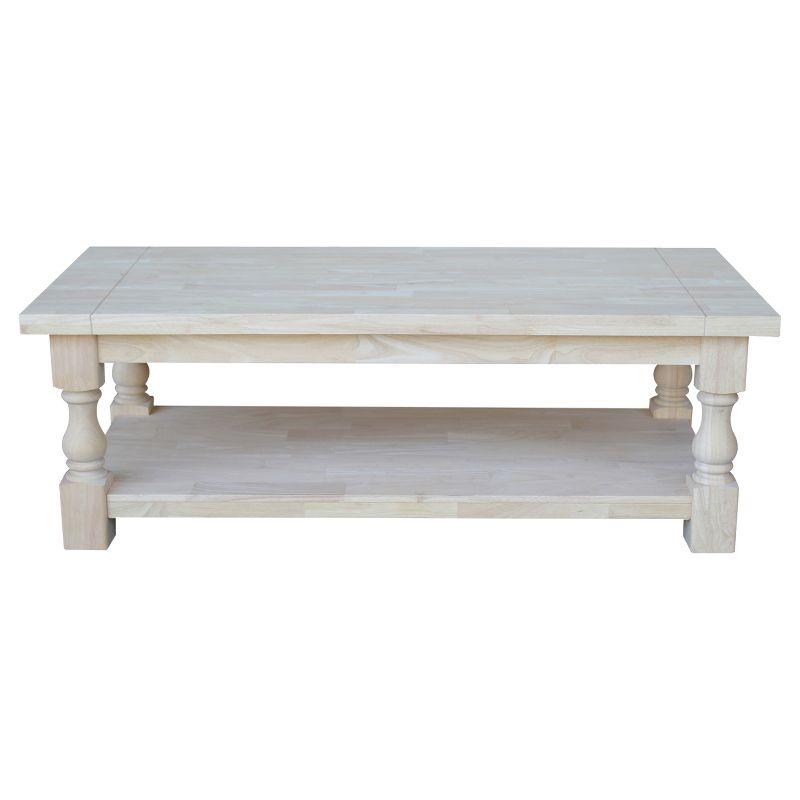 Tuscan Coffee Table - Unfinished - International Concepts: 56" Large Hardwood Coffee Table for Living Room with Fixed Shelf