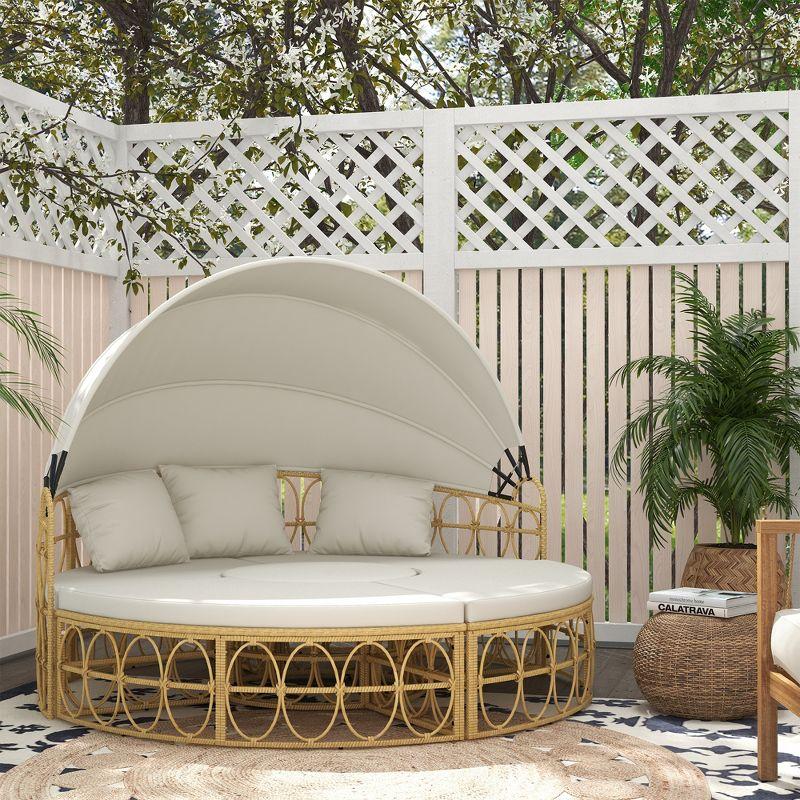 Outsunny 4 Piece Round Outdoor Daybed with Canopy, Cushioned PE Rattan Patio Furniture Set, Cream White