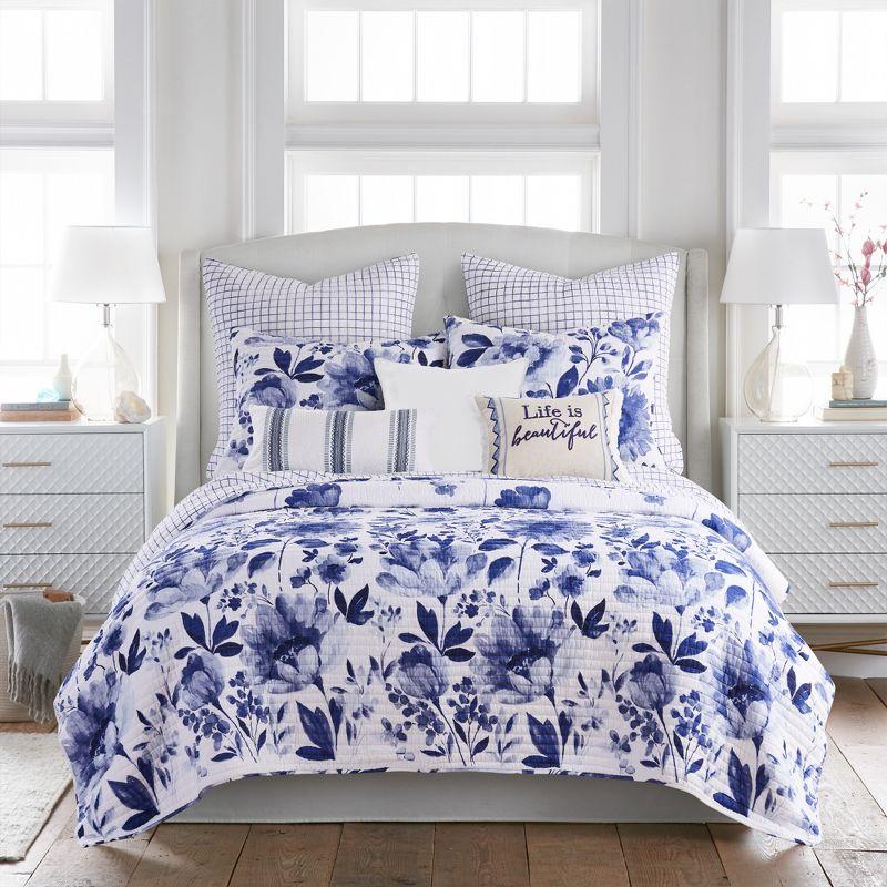 Blue Floral Cotton Twin Reversible Quilt Set