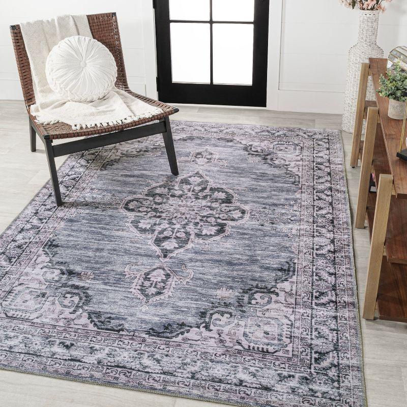 Wincer Chenille Cottage Medallion Machine-Washable Navy/Gray/Black 3 ft. x 5 ft. Area Rug - JONATHAN Y