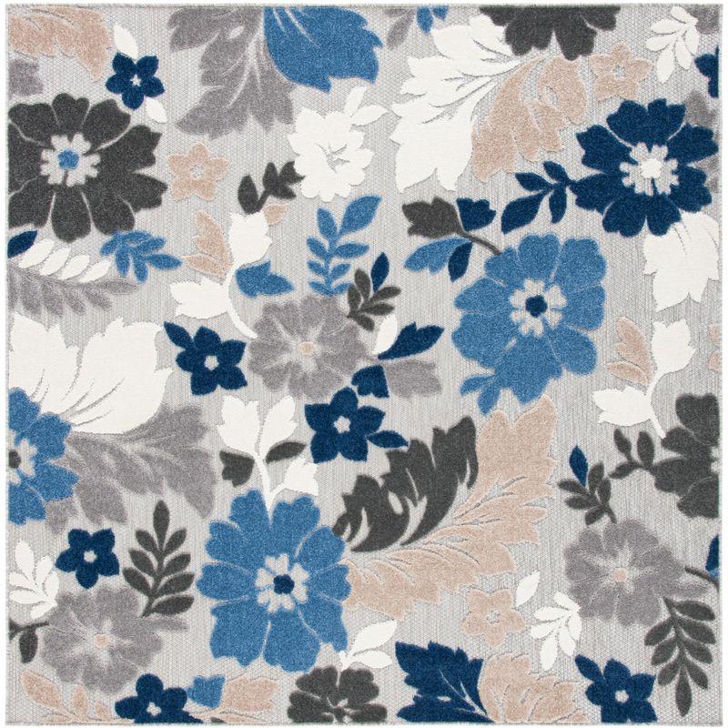 Cabana Grey/Blue Floral Reversible Synthetic Square Rug - 7' x 7'