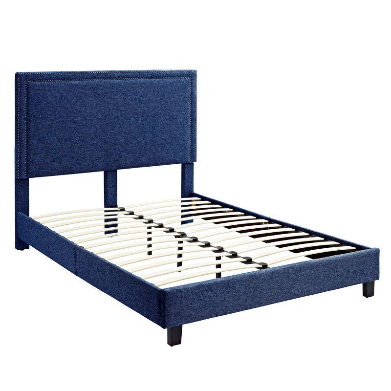 Transitional Blue Twin Upholstered Platform Bed with Nailhead Trim