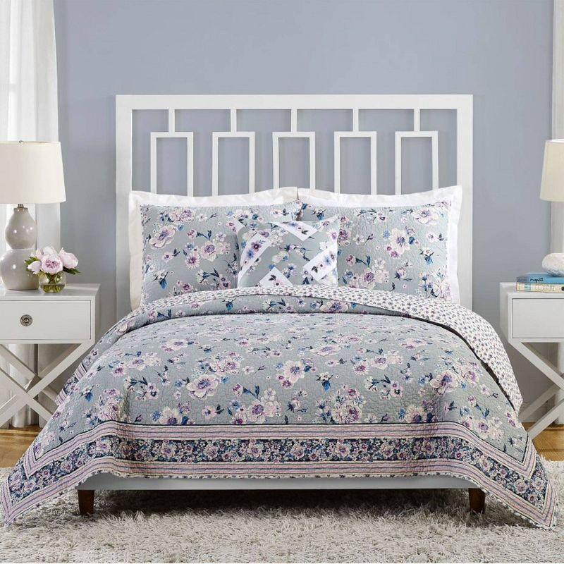 Gray Floral Embroidered Cotton Standard Pillow Sham