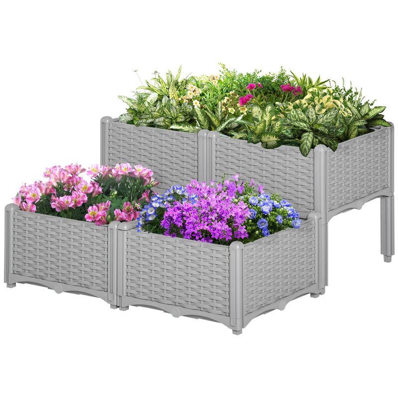 Outsunny 4-Piece Raised Garden Bed Planter Raised Bed with Self-Watering Design and Drainage Holes for Flowers, Gray