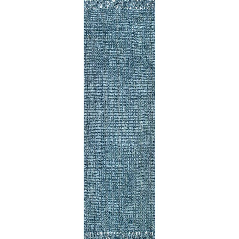 Nuloom 2x12 Daniela Jute Tassel Hand Woven Indoor Area Rug, Blue, Solid Chunky Farmhouse Design, Natural Fiber BedroomLiving Room