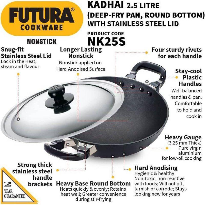 Hawkins Futura 2.5L Kadhai Fry Pan with Steel Lid: Anodized Aluminum, Gas Compatible, Hand Wash, 2-Piece Set