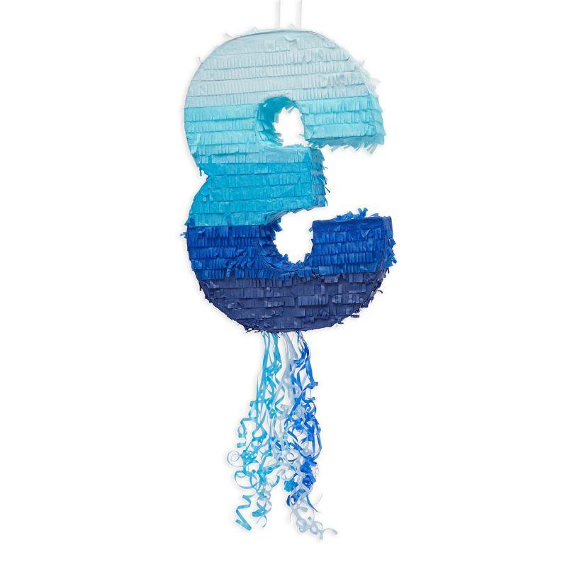 Blue Panda Number 3 Pull String Pinata for Boys 3rd Birthday Party Decorations, Ombre Blue, 16.5 x 11 x 3 In