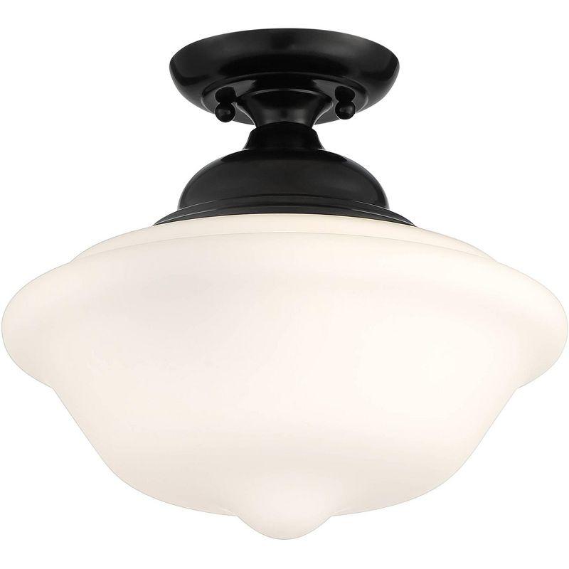 Regency Hill Vintage Rustic Farmhouse Ceiling Light Semi Flush Mount Fixture 13" Wide Gloss Black Flush White Glass Shade for Bedroom Living Room