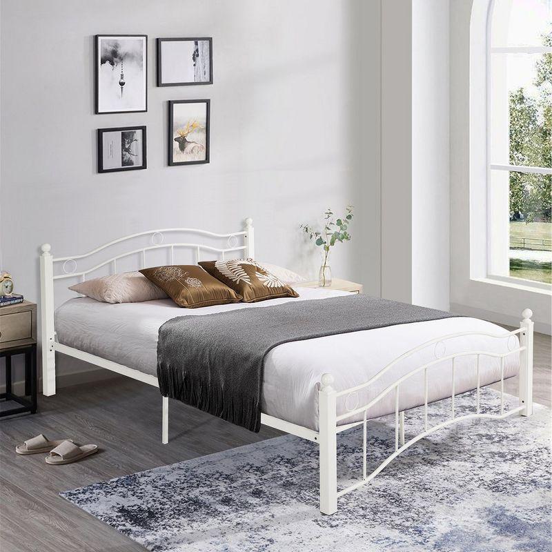 Queen Size White Metal Frame Platform Bed with Upholstered Headboard