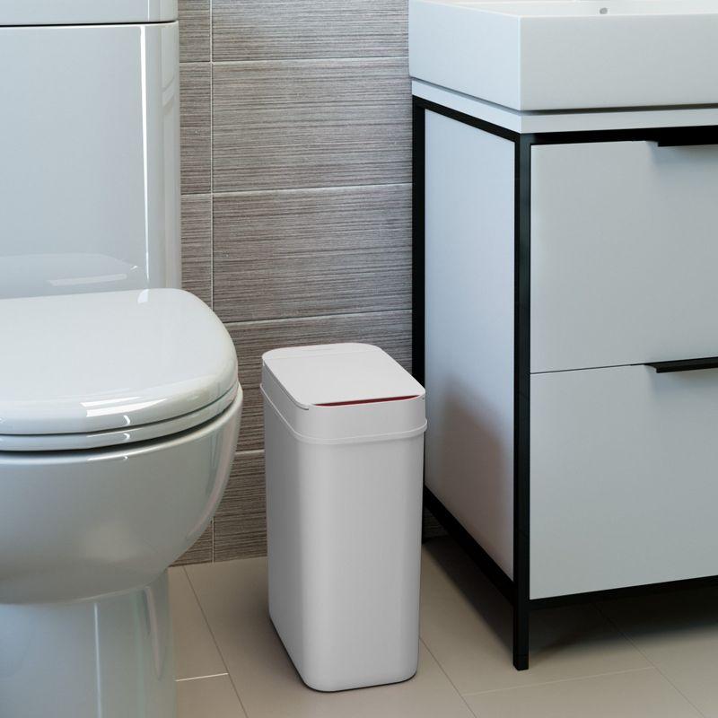 iTouchless 3 Gallon White Sensor Bathroom Trash Can, 10 Liter Slim Touchless Small Smart Bedroom Garbage Waste Basket Bin with Motion Lid