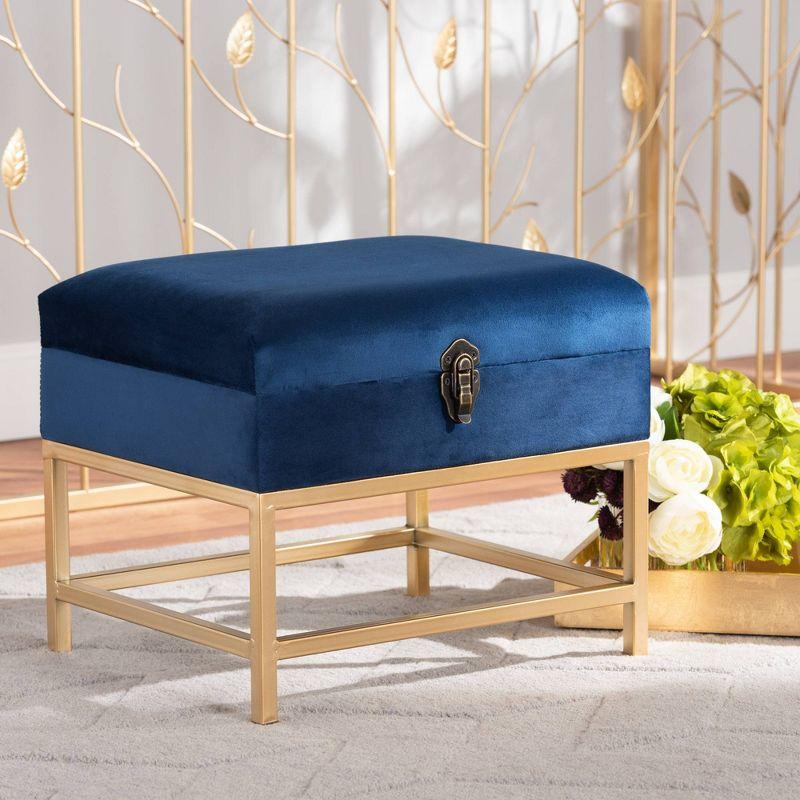 Baxton Studio Aliana Fabric and Metal Ottoman Navy Blue/Gold  Velvet Upholstered Bench, No Assembly Required